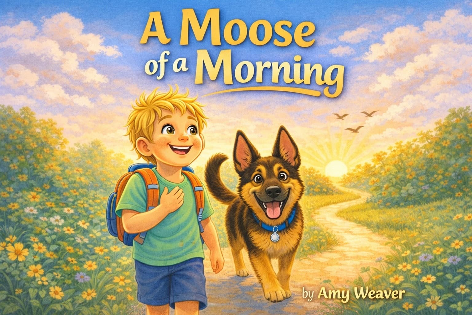 A Moose of a Morning book cover: a boy and his dog Moose walking a sunlit path