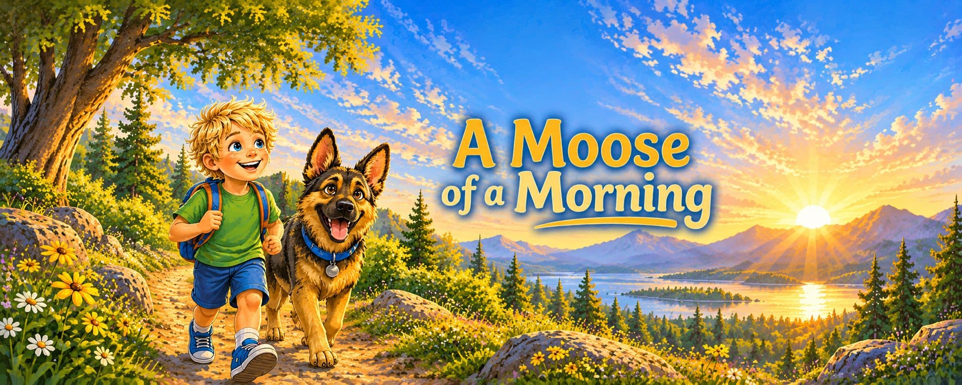 A boy and his dog Moose running down a sunrise trail under the words A Moose of a Morning