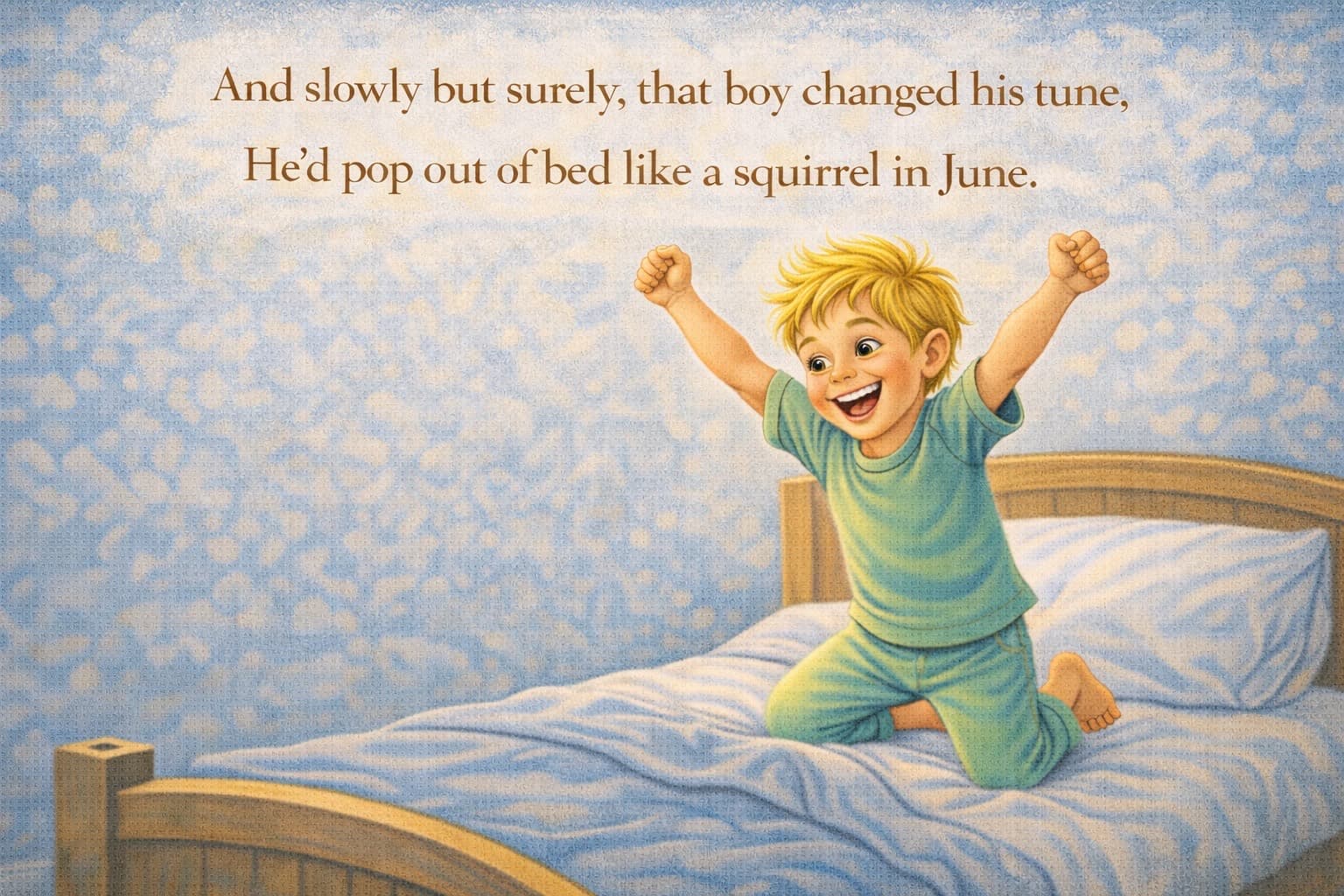 The boy popping out of bed with joy