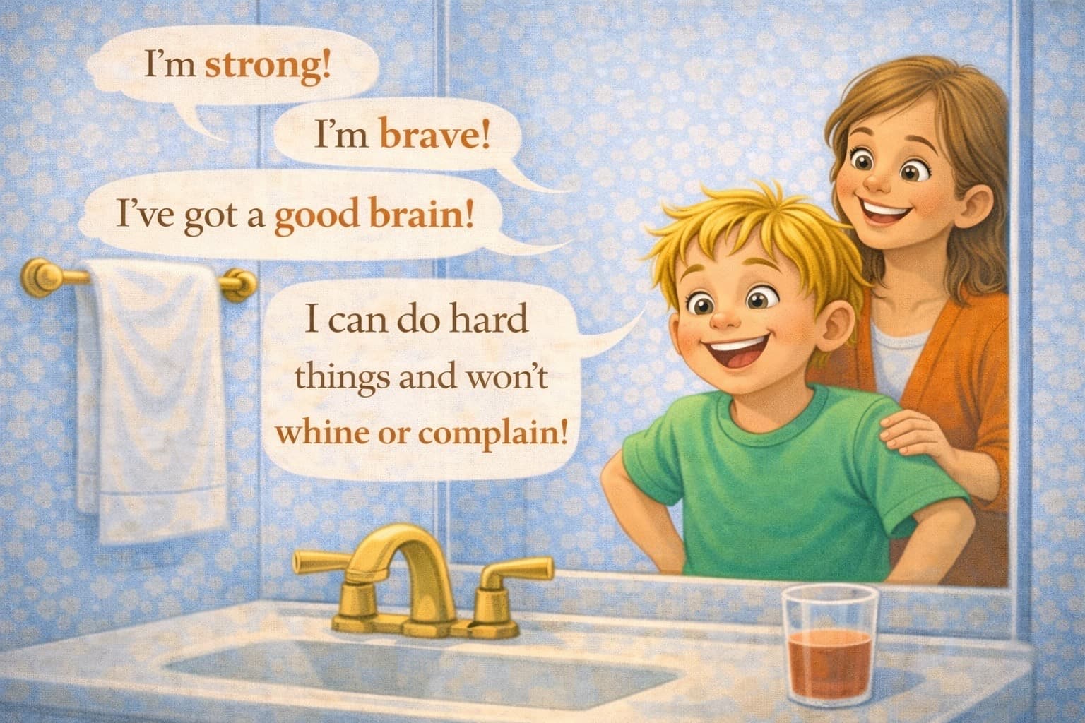 The boy saying affirmations in the mirror with his mom