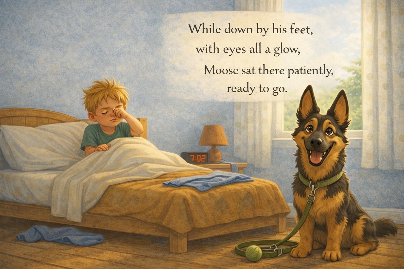 Moose the dog waiting patiently beside the bed
