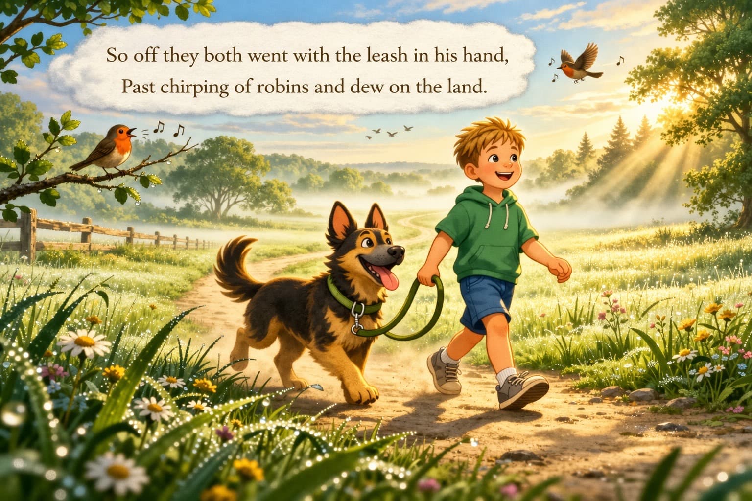 The boy and Moose walking through a sunny morning meadow
